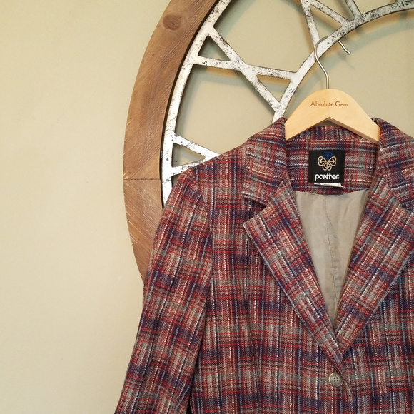 Vintage Panther Wool Plaid Blazer lined Suit Jacket red blue gray Academia 13/14 - Picture 7 of 8